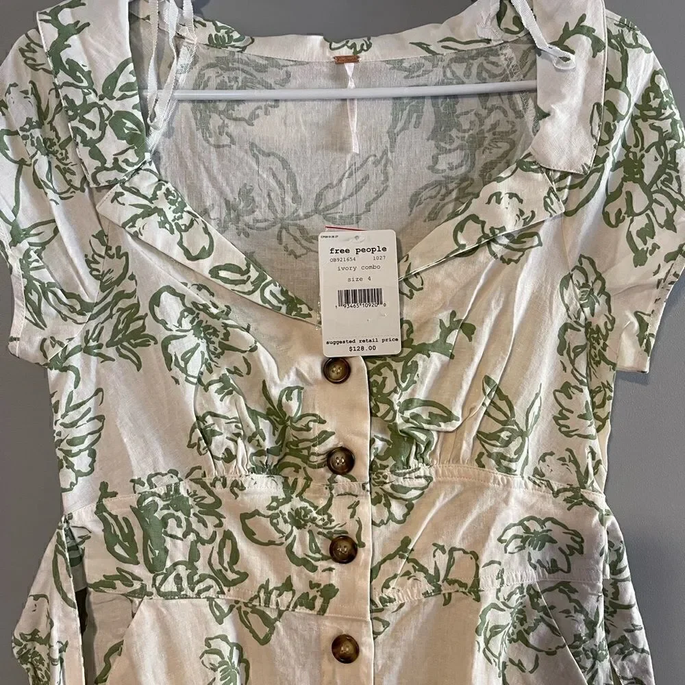 Free People A Thing Called Love Linen Blend Mini Dress | SZ 4 | Ivory Combo